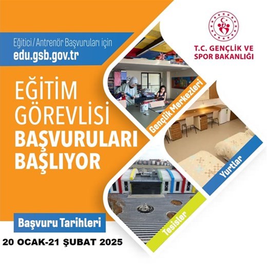 Eğitim Görevlisi başvuruları başlıyor.   Başvuru tarihi 20 Ocak - 21 Şubat arasında olup, İl Müdürlüğümüz bünyesinde halihazırda çalışmaya devam eden 